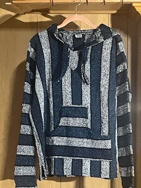 El Mexicano Striped Crewneck Pullover Hoodie in Black White Blue Size Large